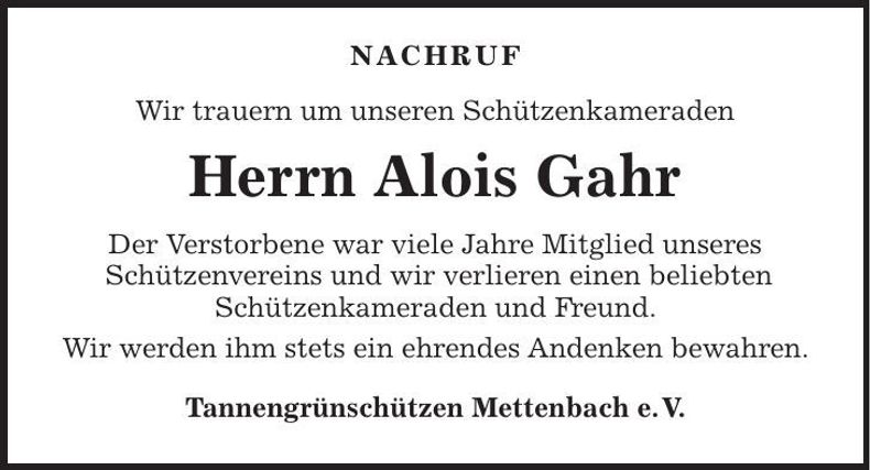Traueranzeige Alois Gahr