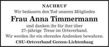Traueranzeige Anna Timmermann