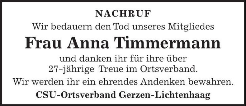 Traueranzeige Anna Timmermann