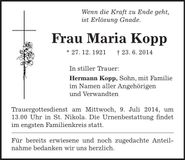 Traueranzeige Maria Kopp
