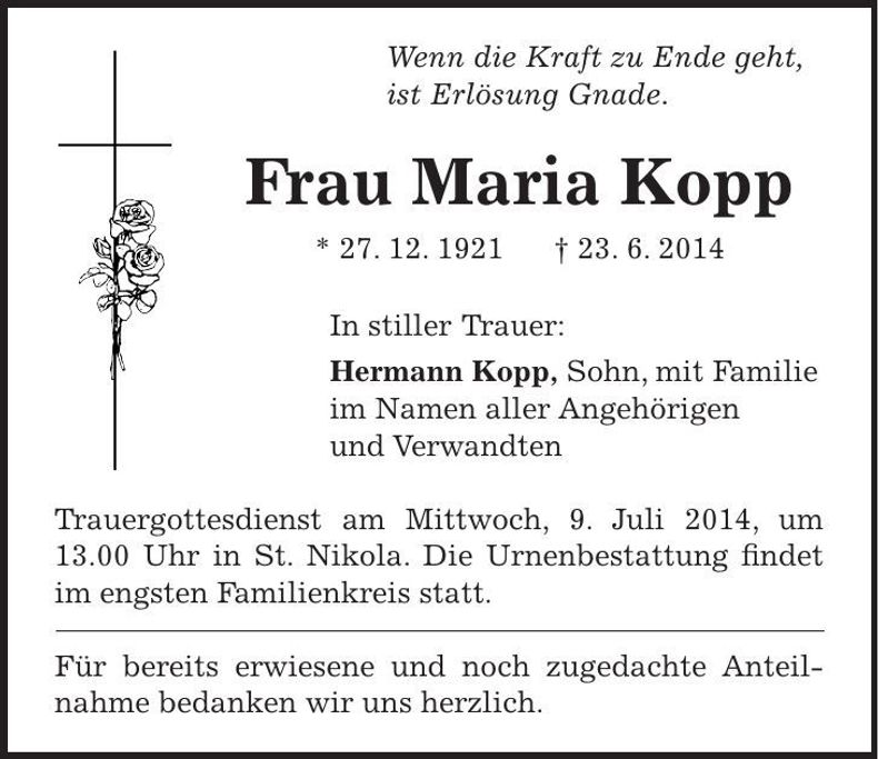 Traueranzeige Maria Kopp