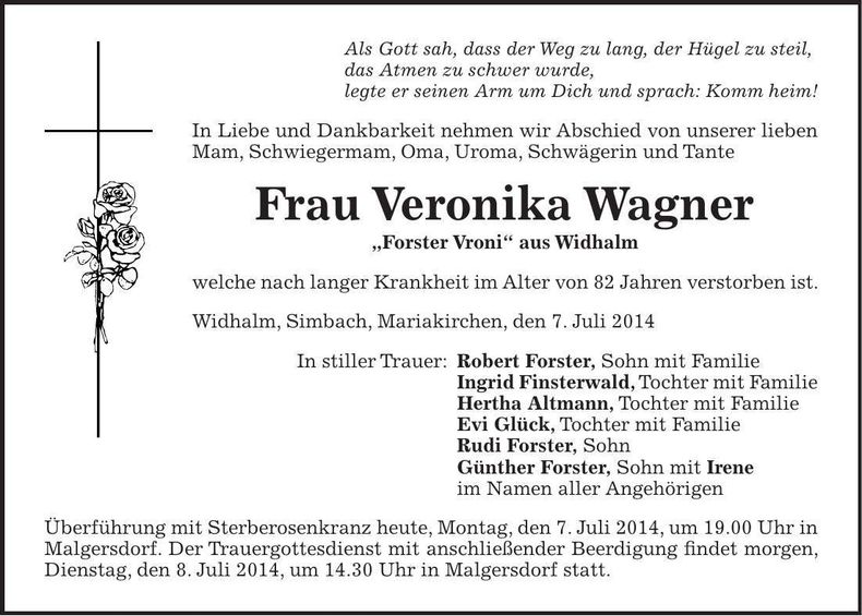 Traueranzeige Veronika Wagner