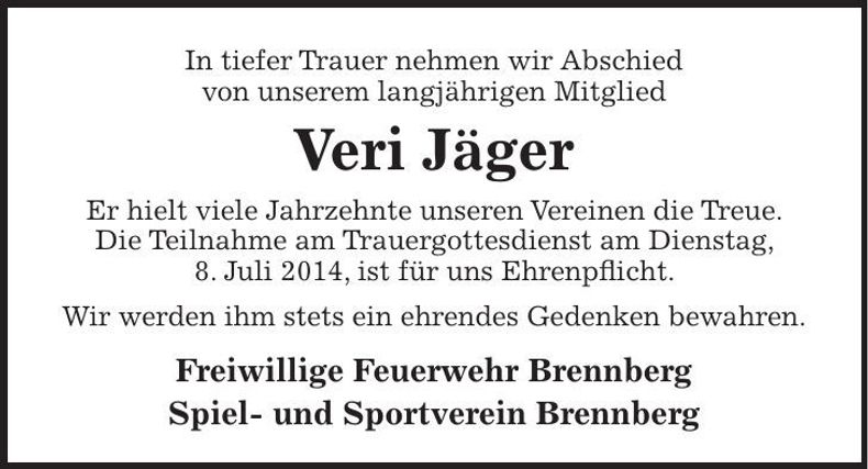 Traueranzeige veri Jäger