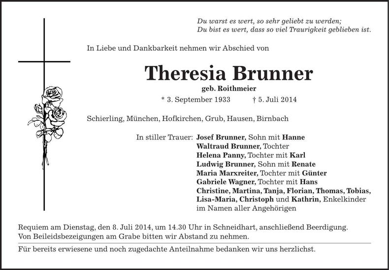 Traueranzeige Theresia Brunner