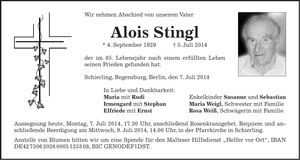 Traueranzeige Alois Stingl