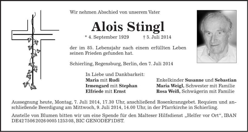 Traueranzeige Alois Stingl