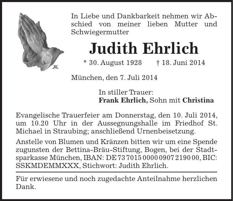 Traueranzeige Judith Ehrlich