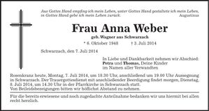 Traueranzeige Anna Weber