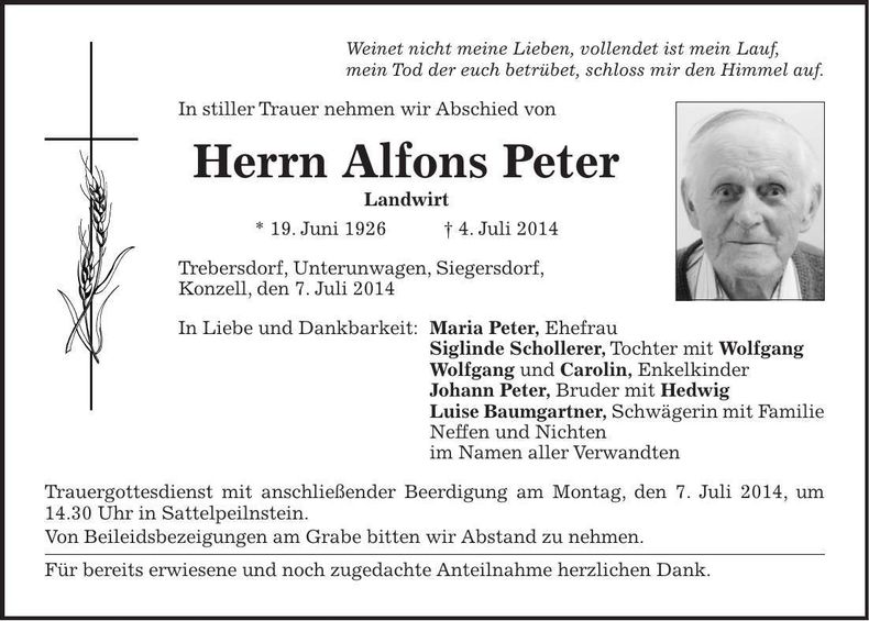 Traueranzeige Alfons Peter