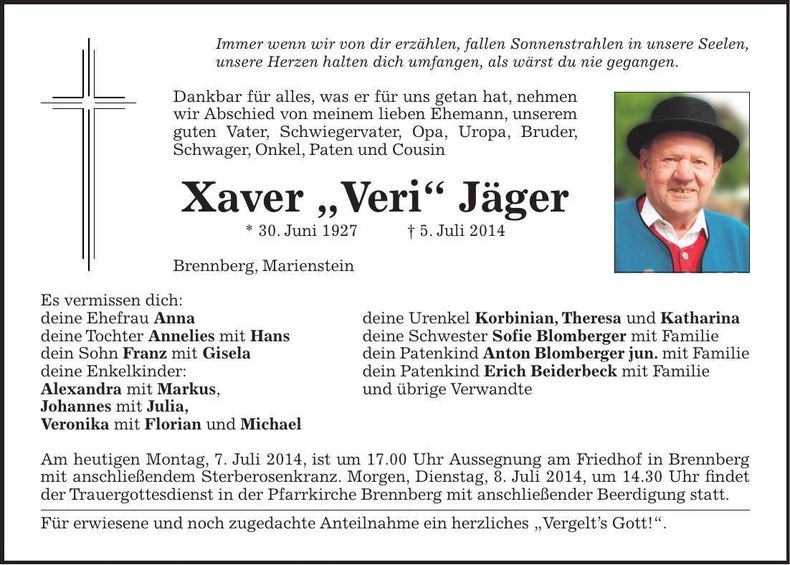 Traueranzeige Xaver "Veri" Jäger