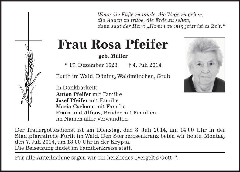 Traueranzeige Rosa Pfeifer