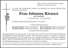 Traueranzeige Johanna Kienast