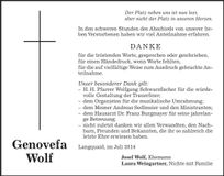 Traueranzeige Genovefa Wolf