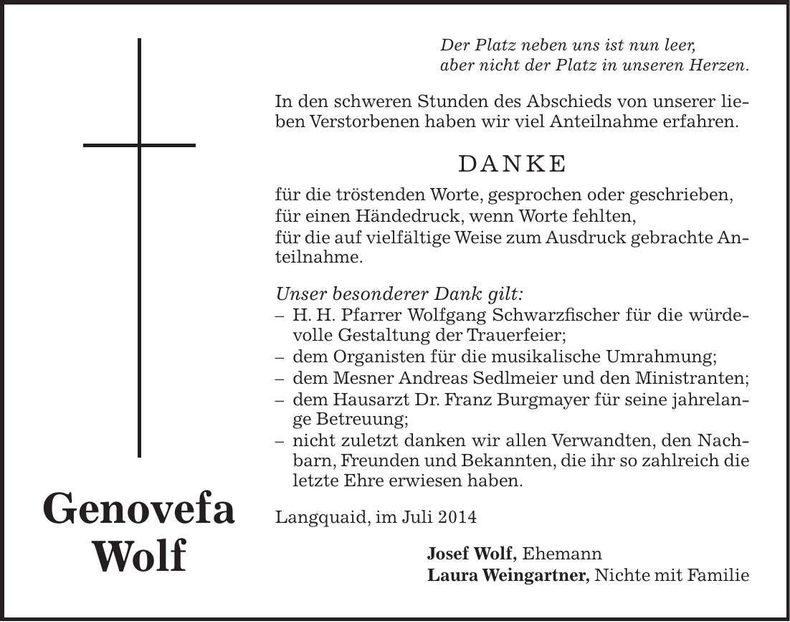 Traueranzeige Genovefa Wolf