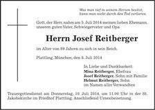 Traueranzeige Josef Reitberger