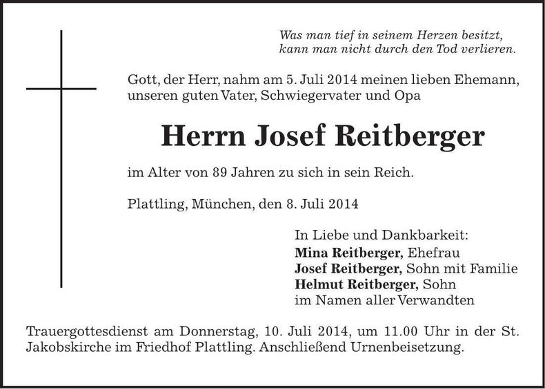 Traueranzeige Josef Reitberger
