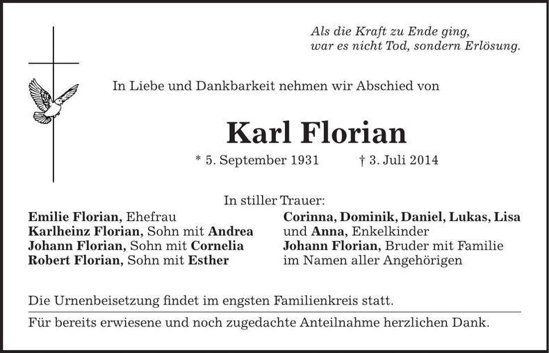 Traueranzeige Karl Florian