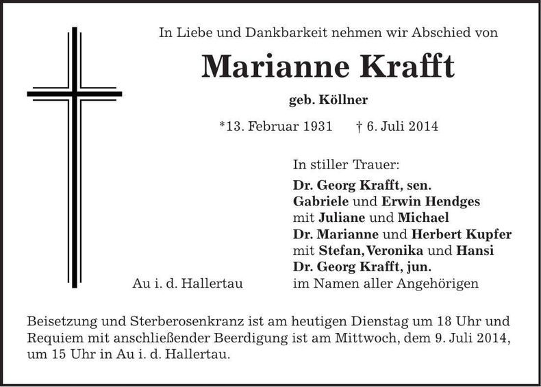 Traueranzeige Marianne Krafft