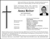 Traueranzeige Anna Reiter