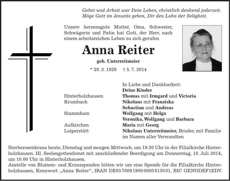 Traueranzeige Anna Reiter