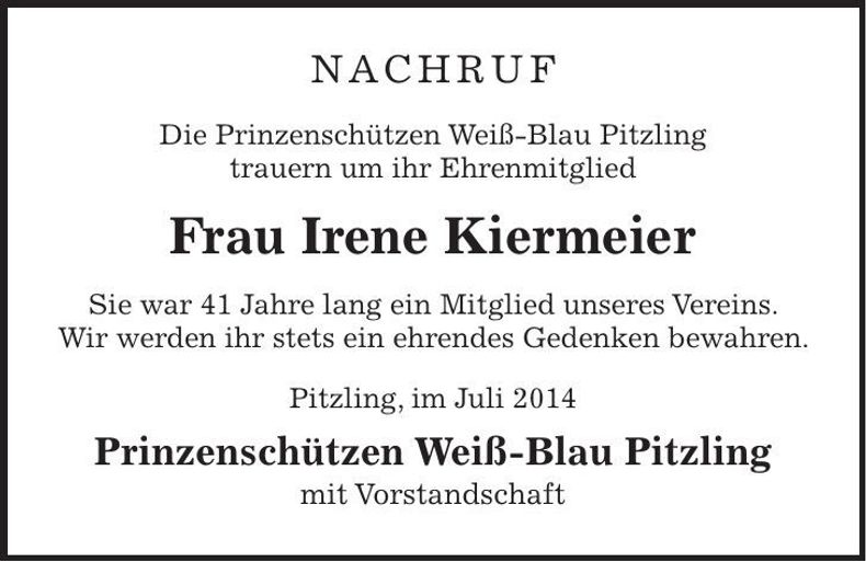 Traueranzeige Irene Kiermeier
