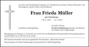 Traueranzeige Frieda Müller