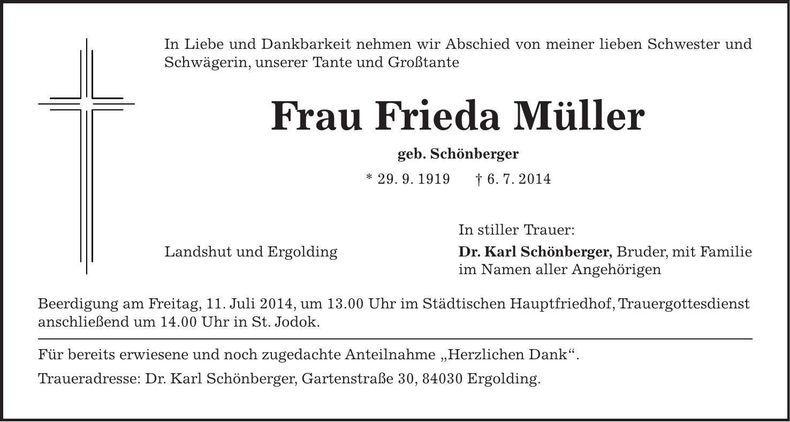 Traueranzeige Frieda Müller