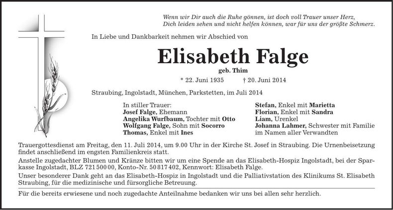 Traueranzeige Elisabeth Falge