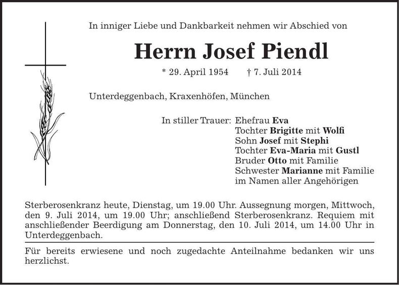 Traueranzeige Josef Piendl