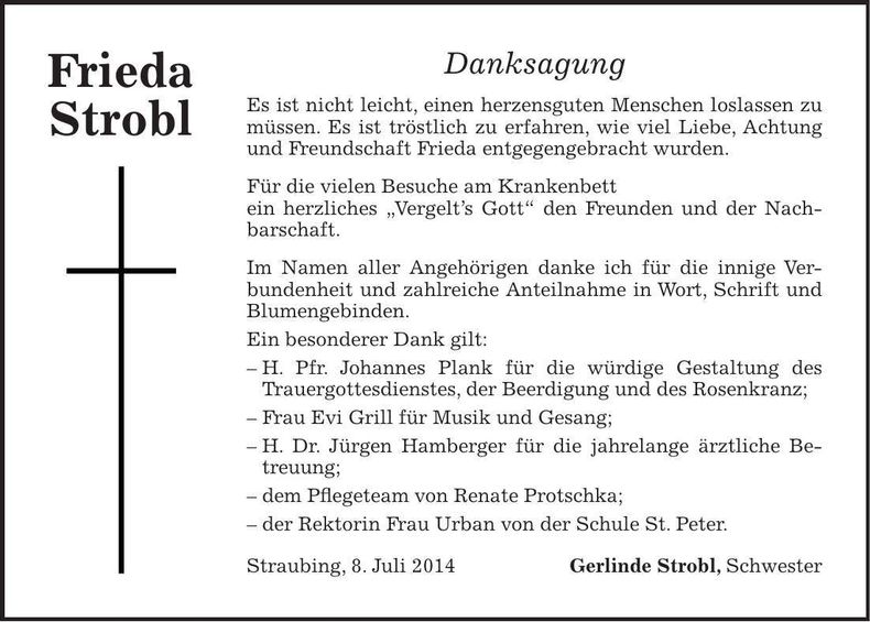Traueranzeige Frieda Strobl