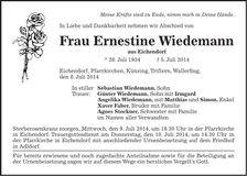 Traueranzeige Ernestine Wiedemann