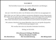 Traueranzeige Alois Gahr