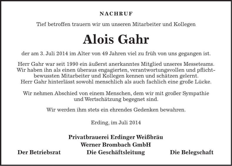 Traueranzeige Alois Gahr