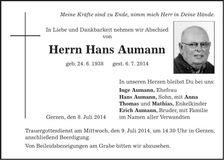 Traueranzeige Hans Aumann