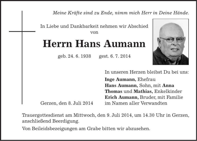 Traueranzeige Hans Aumann