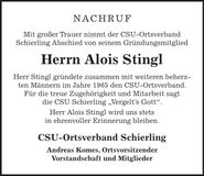 Traueranzeige Alois Stingl