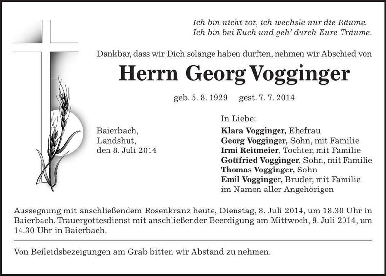 Traueranzeige Georg Vogginger