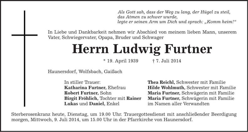 Traueranzeige Ludwig Furtner