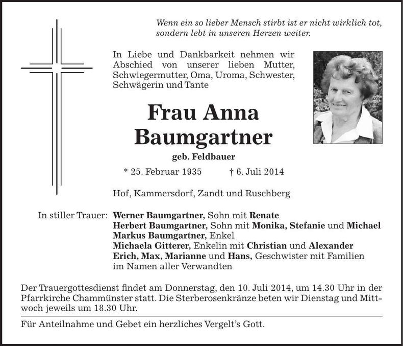 Traueranzeige Anna Baumgartner