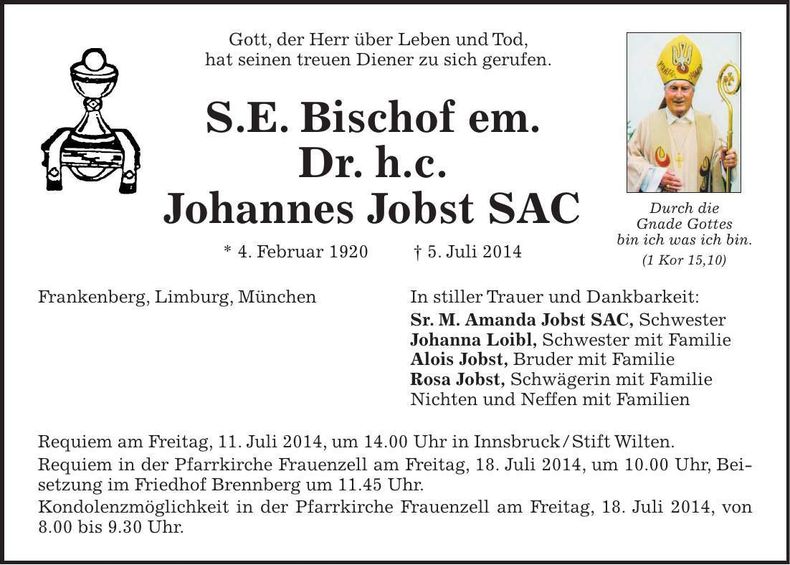 Traueranzeige Johannes Jobst