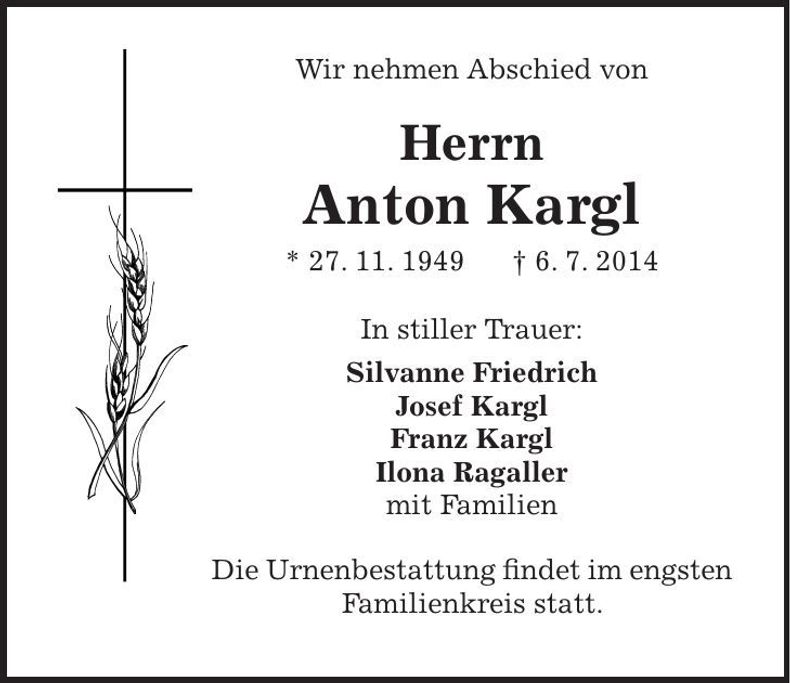 Traueranzeige Anton Kargl