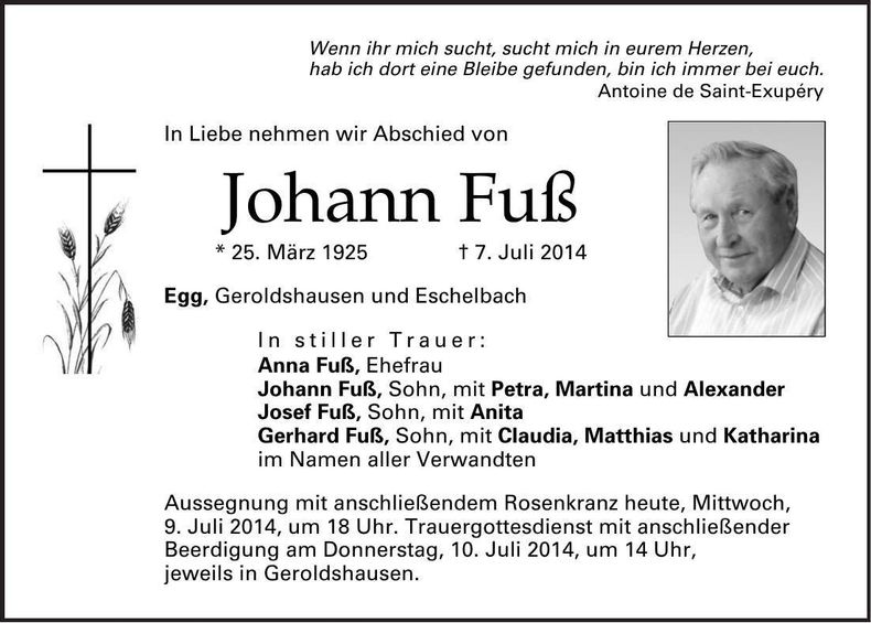 Traueranzeige Johann Fuß