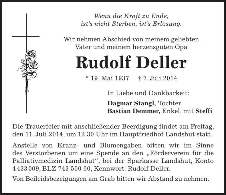 Traueranzeige Rudolf Deller