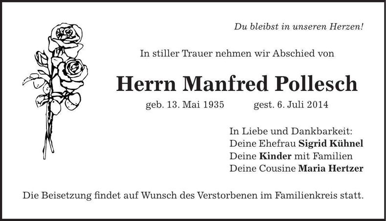 Traueranzeige Manfred Pollesch
