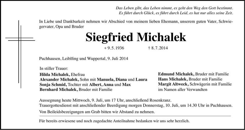 Traueranzeige Siegfried Michalek