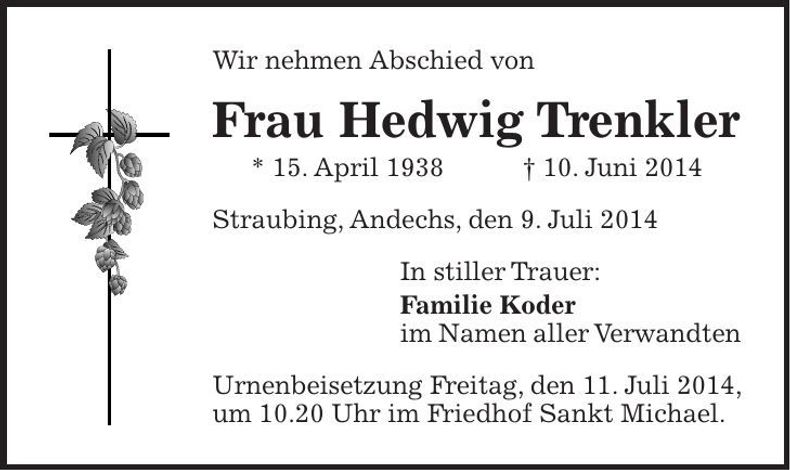 Traueranzeige Hedwig Trenkler