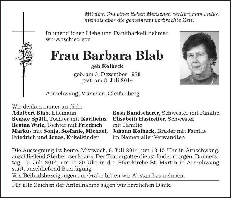 Traueranzeige Barbara Blab