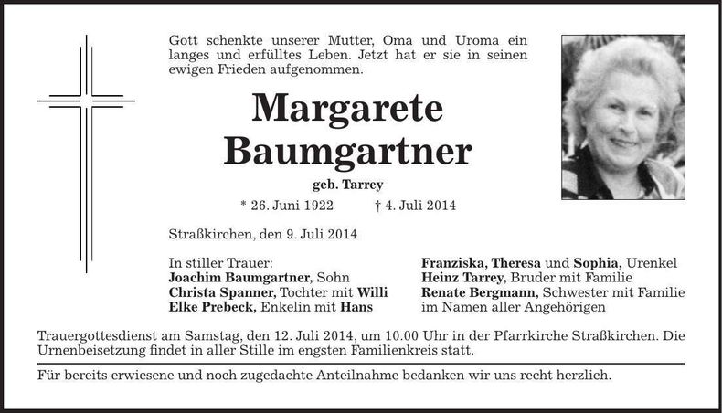Traueranzeige Margarete Baumgartner