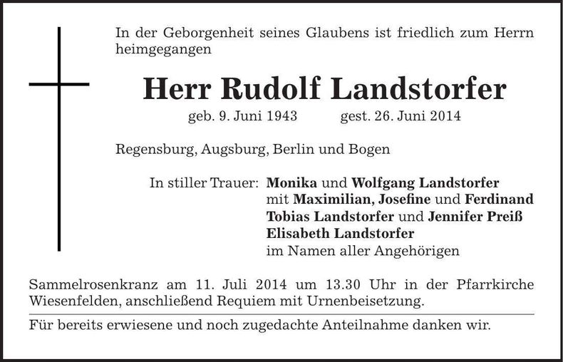 Traueranzeige Rudolf Landstorfer