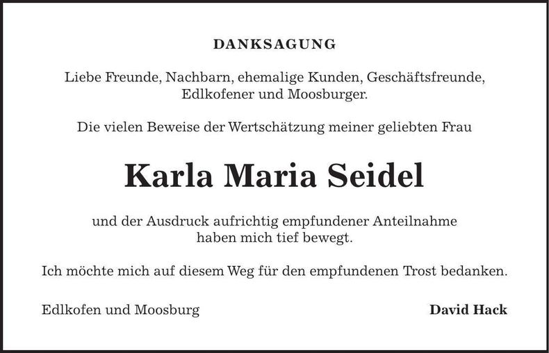 Traueranzeige Karla Maria Seidel